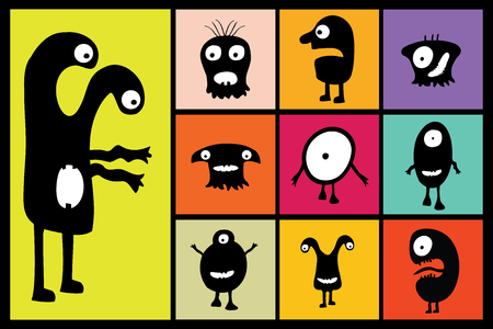 Set - black monsters with emotions on different color backgrounds, cartoon vector illustrationのイラスト素材