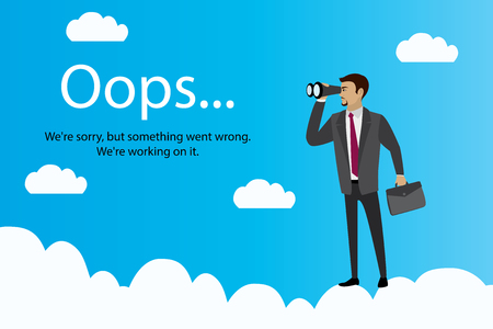 Oops error page and Businessman with binoculars on clouds,stock cartoon vector illustrationのイラスト素材