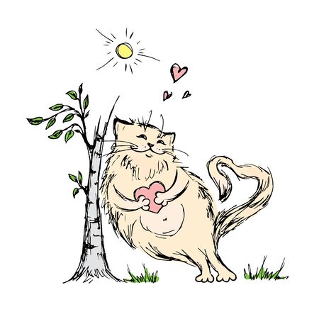 Cute cat with heart near tree,hand drawn vector illustrationのイラスト素材