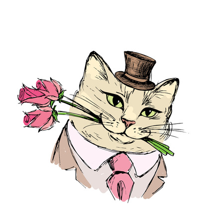 Cat gentleman with bouquet of flowers in the teeth, hand drawing isolated on white background, stock vector illustrationのイラスト素材
