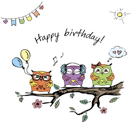 Hand drawn cute owls,happy birthday card,stock vector illustrationのイラスト素材
