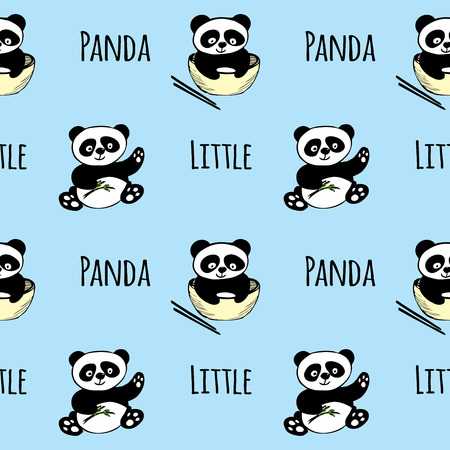 Seamless pattern with little panda,cute hand drawn bear background,vector illustrationのイラスト素材