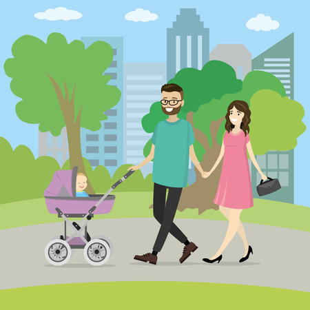 Happy young family with a baby carriage walking in parkのイラスト素材