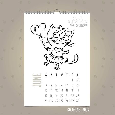 June 2018 Monthly calendar with cute cat ana heart,doodle hand drawn background,vector illustrationのイラスト素材