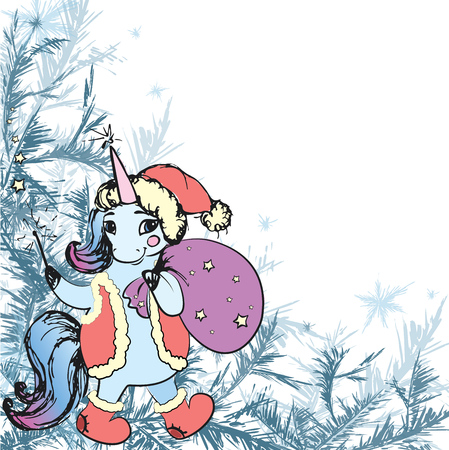 Frame winter frost decor and cute xmas unicorn.Hand drawn template with place for text, Stock Vector illustrationの写真素材