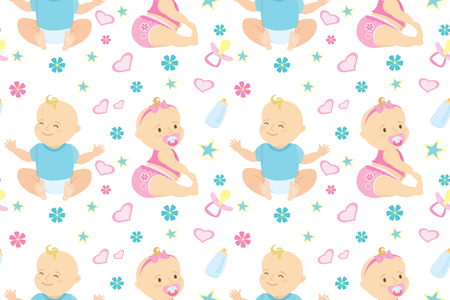 Seamless pattern with cute newborn boy and girl,cartoon vector illustrationのイラスト素材