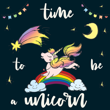 Time to be Unicorn,print design,isolated on white background,hand drawn vector illustrationのイラスト素材