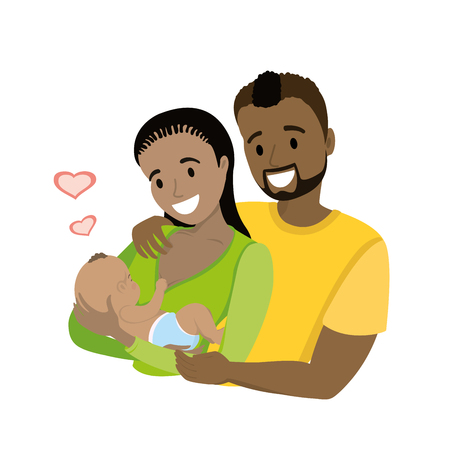 A happy african american married couple with a newborn baby, cartoon vector illustrationのイラスト素材