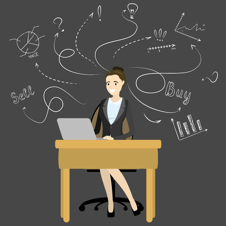 Cartoon business woman or office manager working on laptop, stock vector illustrationのイラスト素材