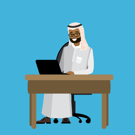 Arabic businessman working at a laptop,cartoon vector illustrationのイラスト素材