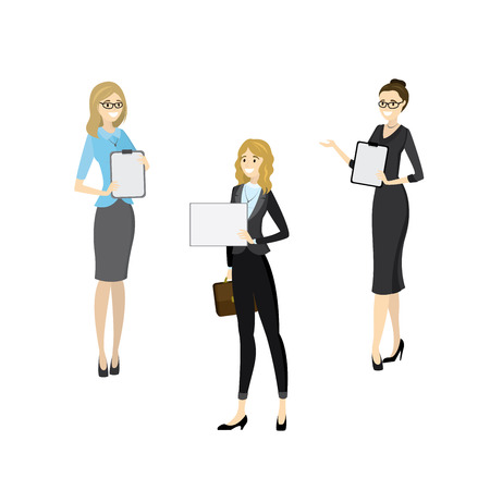 Beauty smile caucasian business women with tablet,isolated on white background,cartoon vector illustrationのイラスト素材