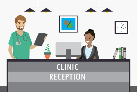 Young african american woman sitting at clinic reception desk and smile caucasian male doctor. cartoon flat vector illustrationのイラスト素材