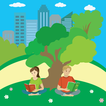 Teenagers sit on the grass in the park and read,boys and girls,cartoon vector illustrationのイラスト素材