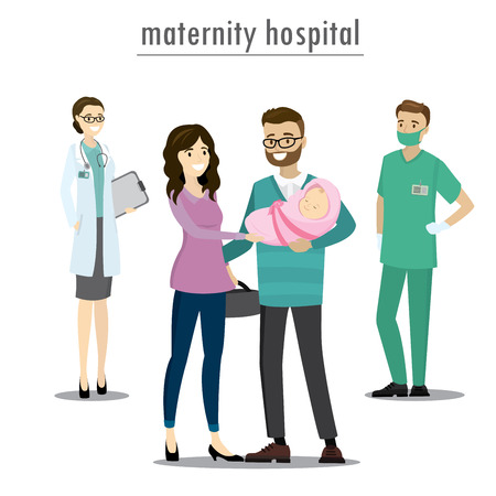 Young family couple with newborn baby,Doctor and nurse,maternity hospital,isolated on white background,cartoon vector illustrationのイラスト素材