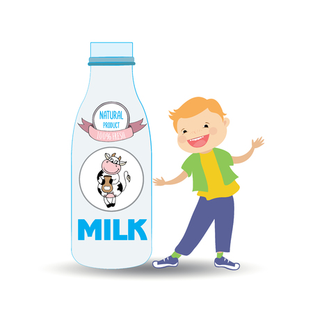 A bottle of milk and cow's label and smiley cute boy,isolated on white, healthy children food cartoon characters vector Illustrationのイラスト素材
