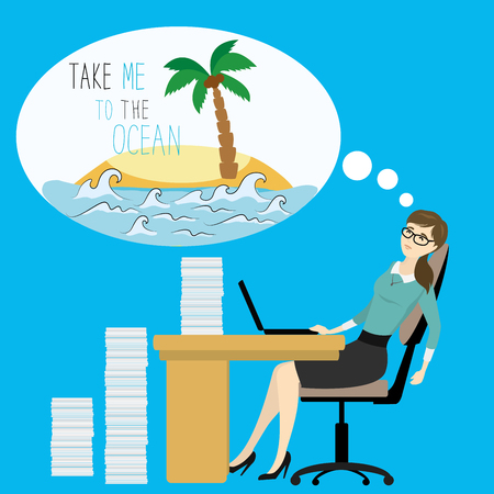 Tired business woman dreams of an ocean island, cartoon vector illustrationのイラスト素材