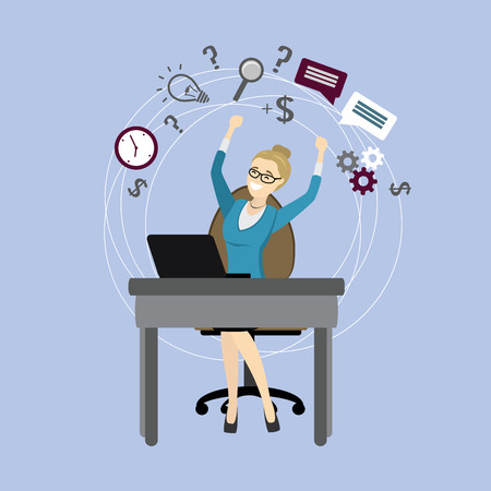 successful Office worker or business woman. Working On laptop Computer.Icons of different applications.Cartoon vector illustrationのイラスト素材