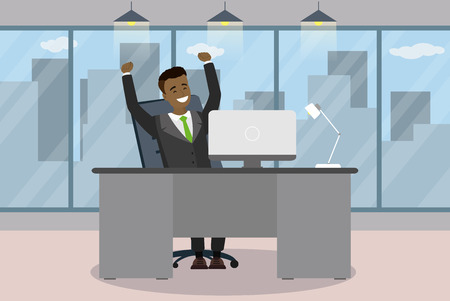 Happy african american businessman is sitting at a table in modeのイラスト素材