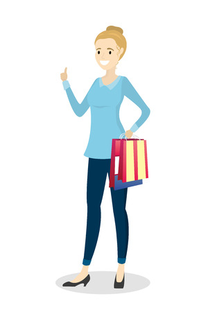 Cute cartoon female after shopping with shopping bags,isolated on white background,vector illustrationのイラスト素材