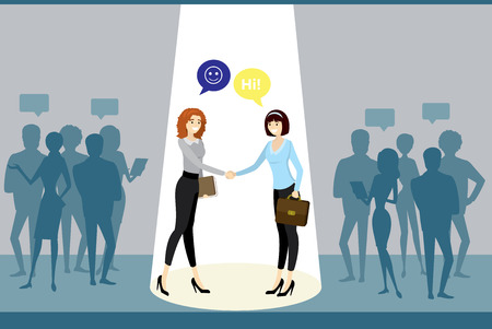 Negotiations between business groups, successful work and caucasian business women handshake,cartoon business people,flat vector illustrationのイラスト素材