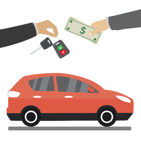 Car seller hand giving key to buyer. Buying or renting business,flat  vector concept illustrationのイラスト素材