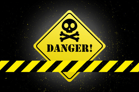 Danger grunge background,black skull with bones,yellow and black vector illustrationのイラスト素材