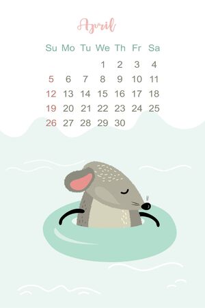 April month 2020 template design. Calendar 2020 with funny and cute rat. Vertical layout. Animal character floats on a rubber ring in the sea. Vector illustrationのイラスト素材