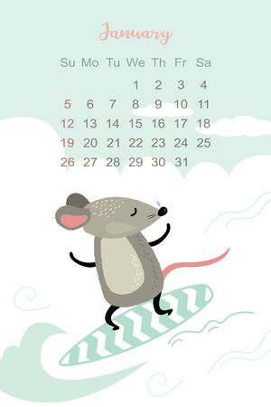 January 2020 template design. Calendar 2020 with funny and cute active rat on surfboard. Vertical layout.のイラスト素材