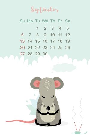 September month 2020 template design. Calendar 2020 with funny and cute rat. Vertical layout. Animal character sitting in yoga pose.Mouse in lotus pose. Vector illustrationのイラスト素材