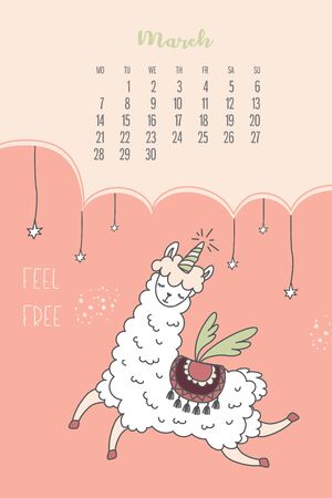 Calendar for March 2020 from Monday to Sunday. Cute llama with wingsのイラスト素材