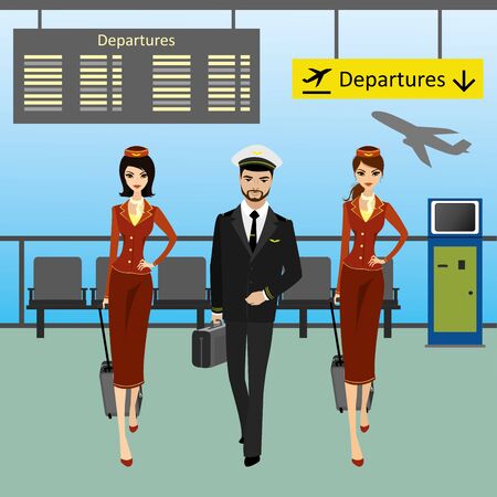 Cabin crew walks on an airport with luggage,pilot and stewardess,departure board,cartoon vector illustrationのイラスト素材