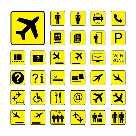 Set of Airport icons or Signs ,black and yellow pictograms isolated on white background,vector illustration.のイラスト素材