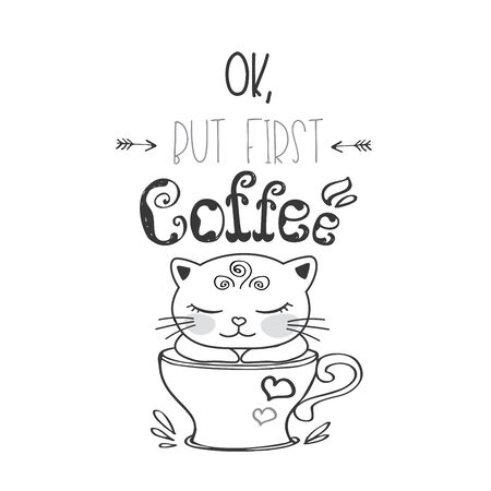 Funny cute kitten in coffee mug,lettering on backgroundのイラスト素材