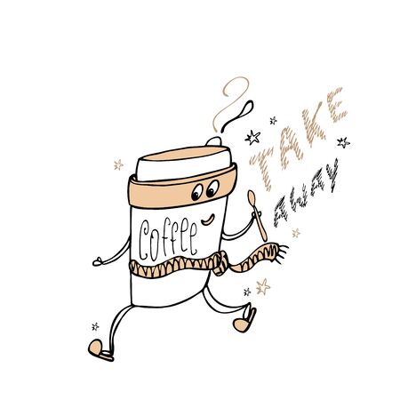 Funny coffee mug with eyes ana legs,coffee away lettering,hand drawn vector illustrationのイラスト素材
