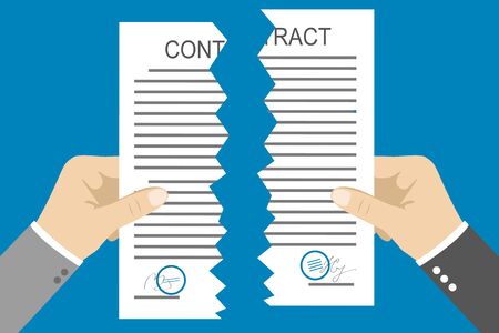 Hands holding two parts torn contract, flat vector illustrationのイラスト素材