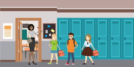 Cartoon Teacher and students in the school hall,school interior, flat vector illustrationのイラスト素材