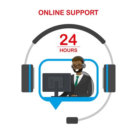 Online customer service,support concept,headphone with microphone and african american male behind a desk in speech bubble,24 hours text,isolated on white background,cartoon vector illustrationのイラスト素材