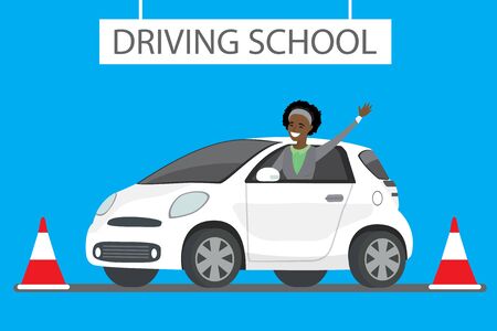 Happy cartoon african american female siting in white driving school car outdoor. Design concept drivers education,flat vector illustrationのイラスト素材
