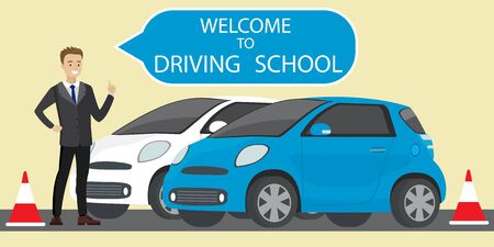 White and blue driving school car,caucasian male instructor with speech bubble- welcome to driving school,flat style vector illustrationのイラスト素材