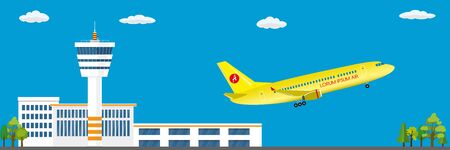 Airport buildings, control tower, runway and take-off modern aircraft,flat vector illustrationのイラスト素材