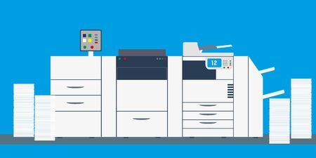 office professional multi function printer and scanner,copy machine or photocopier with paper stacks,flat vector illustrationのイラスト素材