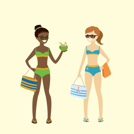 Cartoon caucasian and african american girls in swimsuits,isolated on white bakground,flat vector illustrationのイラスト素材