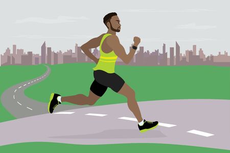 The african american guy running on the background of of the city,flat vector illustrationのイラスト素材