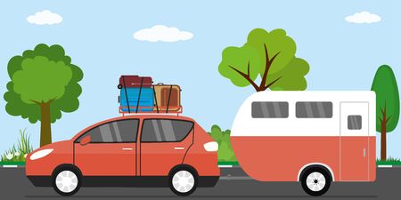Modern red car with luggage on roof and caravan,family vacation transport on road,flat vector illustrationのイラスト素材