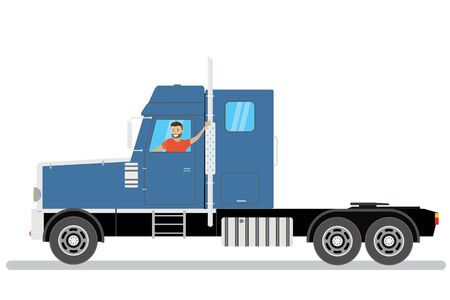 Happy cartoon caucasian male rides in Blue semi truck,isolated on white background,flat vector illustrationのイラスト素材