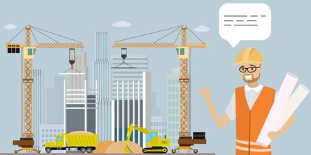 Construction site,crane,construction machinery and engineer architect,flat vector illustrationのイラスト素材