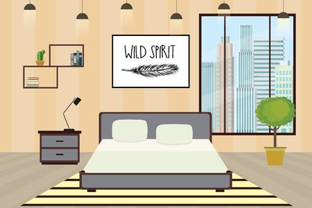 Modern Hotel room or Bedroom Interior flat design.Home furniture.cartoon vector illustrationのイラスト素材