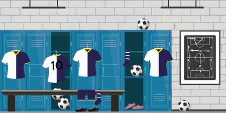dressing room football,lockers,soccer uniform and balls,open and closed lockers,flat vector illustrationのイラスト素材