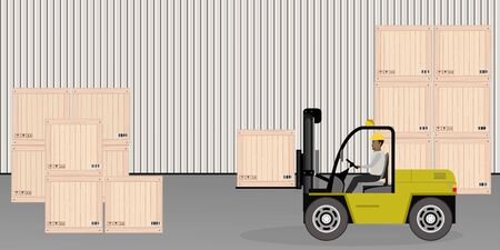 Forklift working with cargo container and product wooden boxes,warehouse employees,flat vector illustrationのイラスト素材