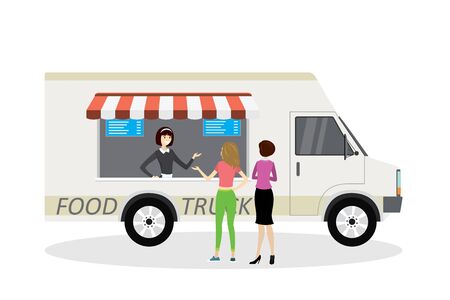food truck,Seller in front and buyers back view,modern van transport,flat vector illustrationのイラスト素材